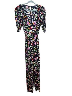 ASOS size 12 Black Floral Jumpsuit with Rouched Puff Sleeves and Waist Tie